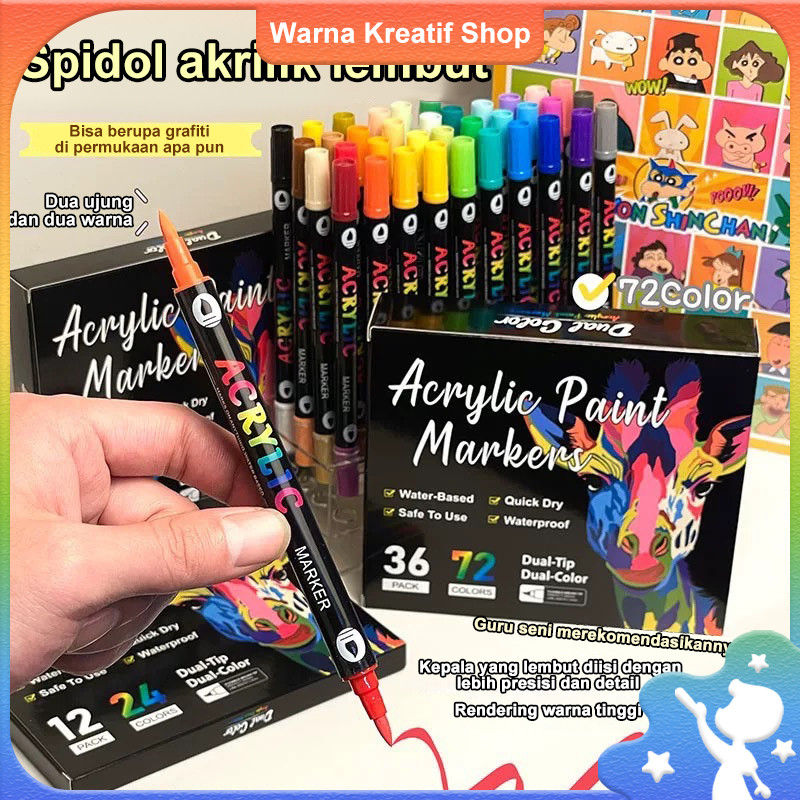 

Spidol Akrilik Dual-Head Dual-Color , Set Melukis 24/48/72 Warna, Pensil Coret-Coret, Set Marker Akrilik