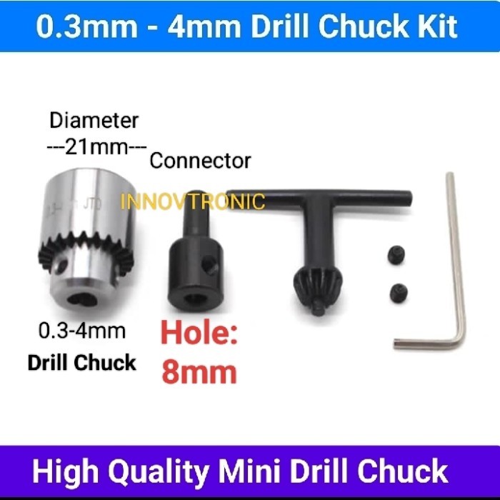 Mini Drill Chuck 4mm + Adapter / Jepitan Mata Bor dengan Kunci - 8mConnector