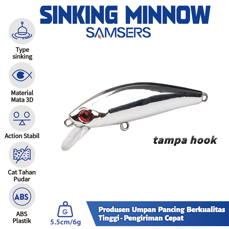 【Tampa Hook】5.5cm/6g Sinking Minnow Mata Ikan 3D Fishing Casting Pancing Semua perairan Fishing Lure