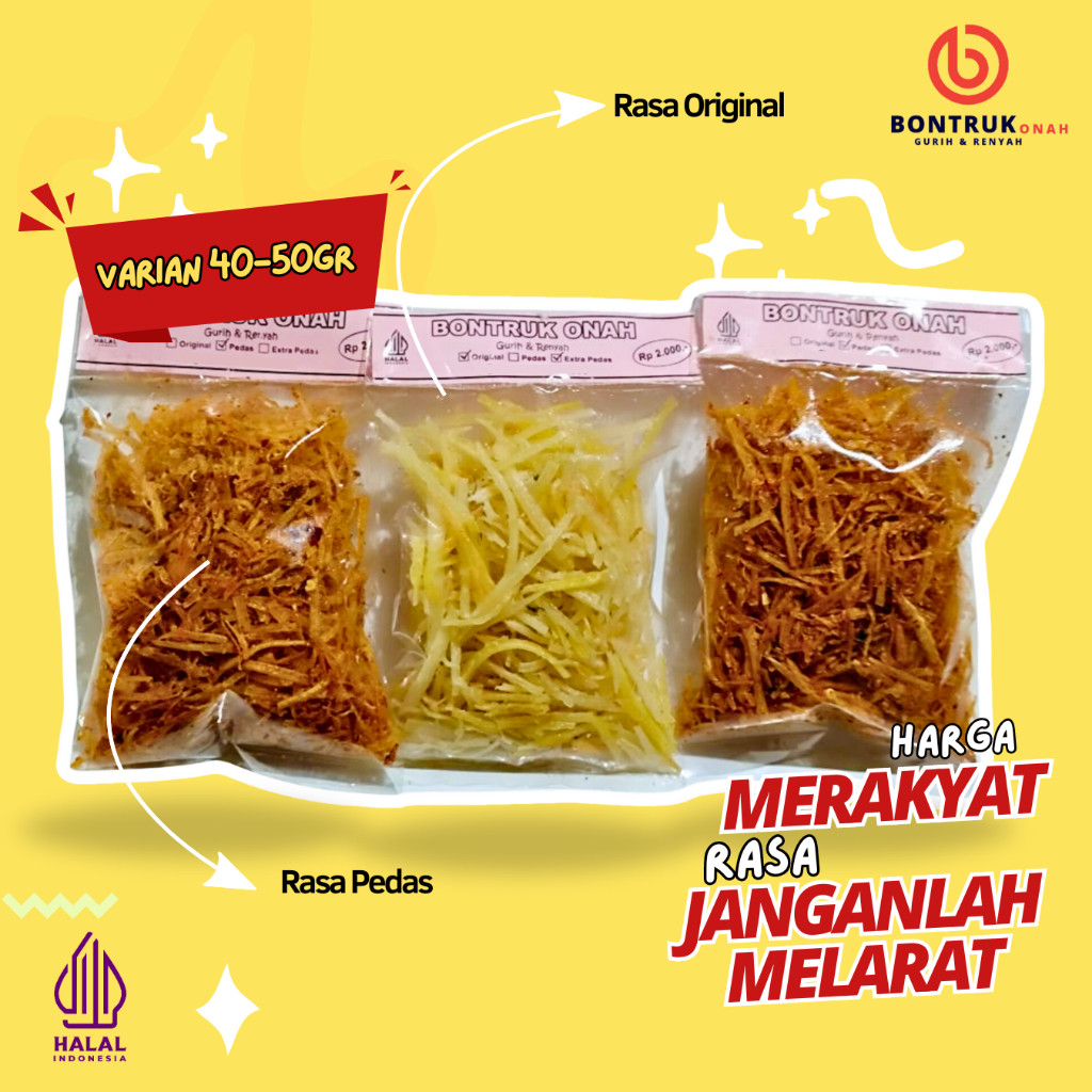 

Cemilan Keripik Singkong Pedas Daun Jeruk Chili Oil Snack Food BONTRUK ONAH/Kripset