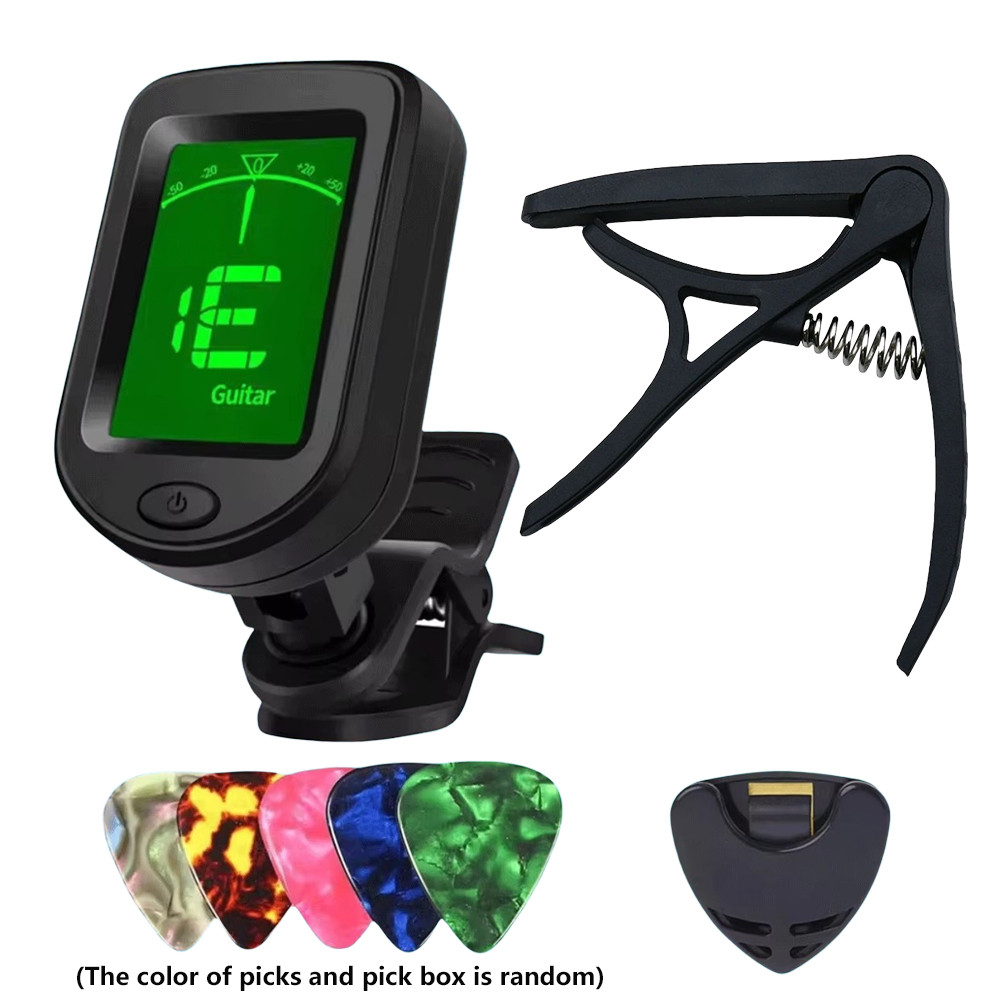 Guitar Accessories Set Guitar Tuner and 3in1 Capo Includes 5 picks (Random) Plectrum Holder - Perfec
