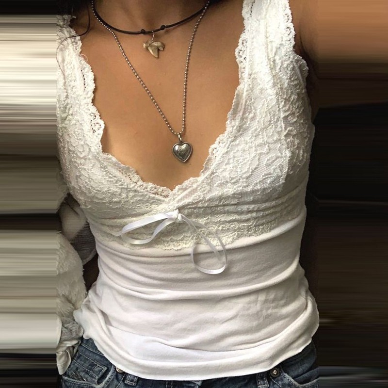 White Lace V Neck Tank Top Kawaii Bow Slim Fit Vest Women Summer Sleeveless Crop Top Y2K Aesthetic F