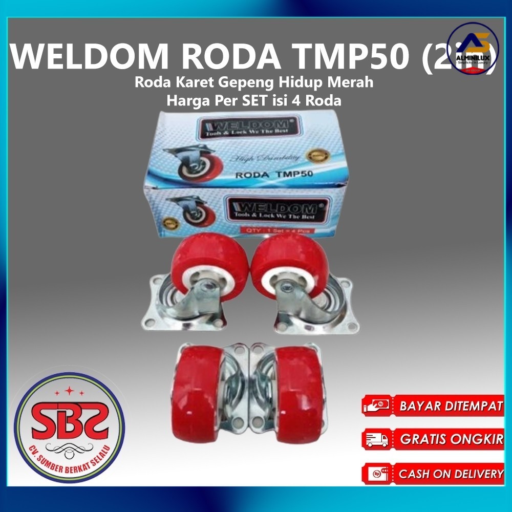 WELDOM Roda Karet Hidup Merah 2 inchi isi 4 pcs / Roda Karet Gepeng Hidup Merah Weldom (Roda Bundar 