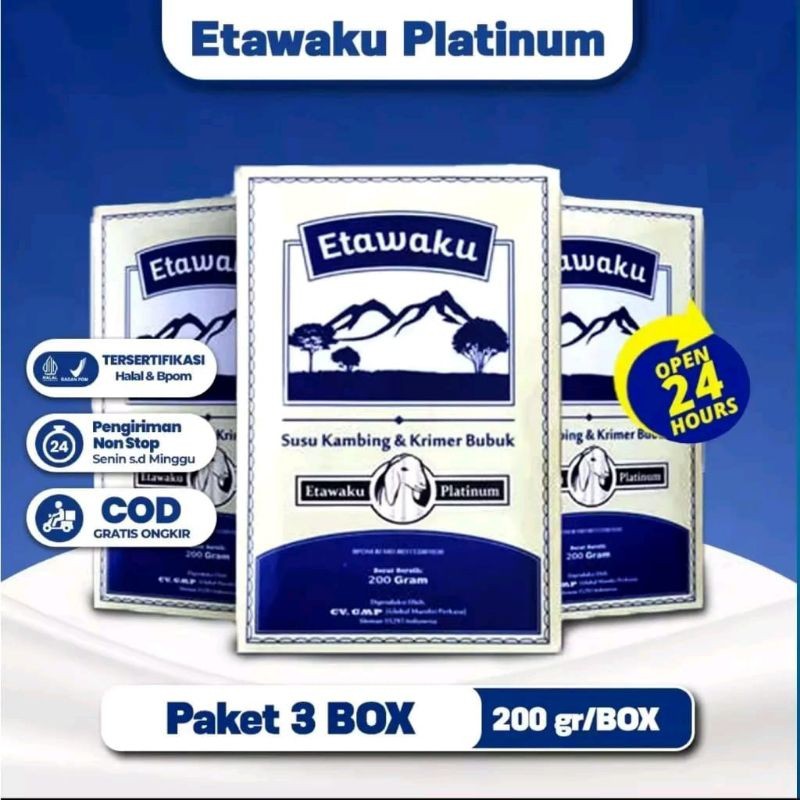 

Paket 3 Box Etawaku Platinum - Susu Kambing Etawa Murni + Krimer Bubuk yang Berkhasiat Tinggi Memiliki Kandungan Protein dan Vitamin
