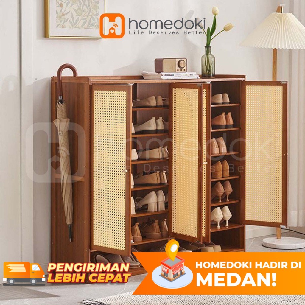 Homedoki Lemari Sepatu Rotan/Lemari Sepatu Kayu Minimalis/Lemari Sepatu Tertutup Serbaguna/Rak Sepat
