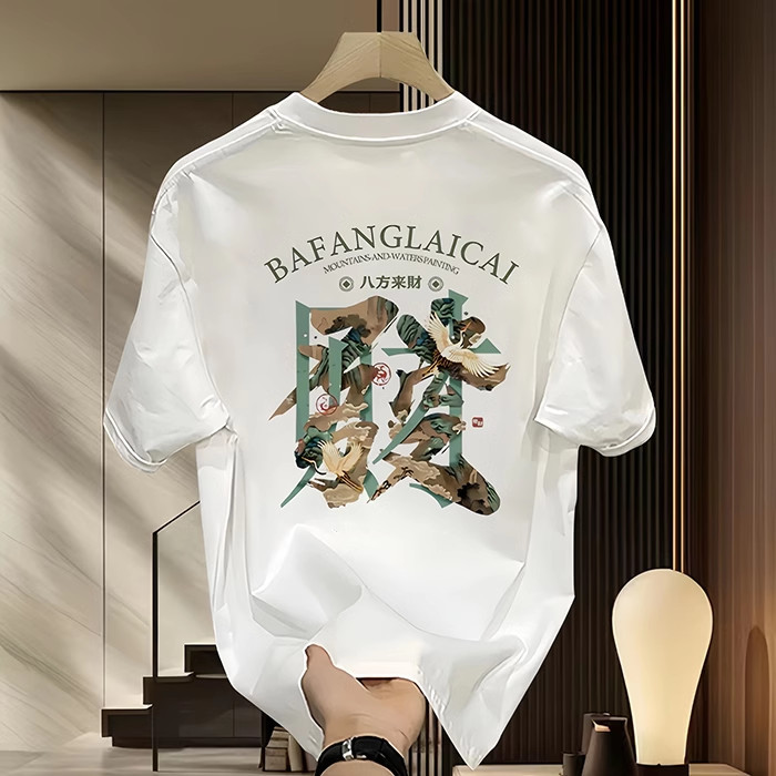 Kaus Lengan Pendek Katun Berat Pria Atasan Merek Fashion Cetak Pribadi Modis Semua Cocok Musim Panas