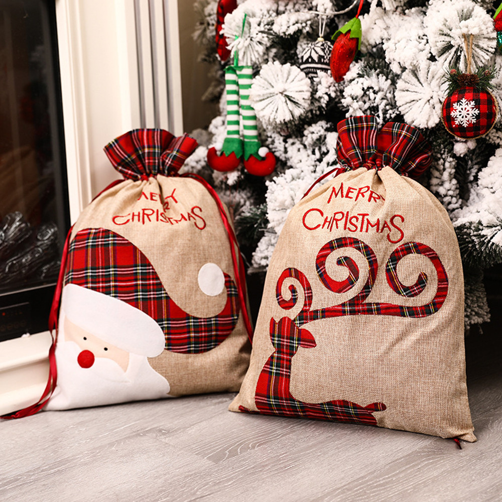 

Large Christmas Gift Bag Drawstring Luxury Linen Packing Bag Elf Merry Christmas Accessories Xmas Decorations Goods