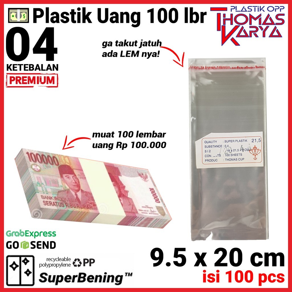 Plastik OPP 9,5x20 TEBAL isi 100 Kantong Bening Kemasan Bungkus Uang Kertas 100 Rb 100 lembar Uang 1
