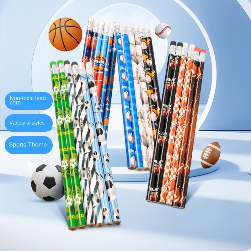 

12 Pcs/set Pencil Baseball with Eraser Sassafras Basketball Rugby Sports Football Themed Pencils Student Supplies