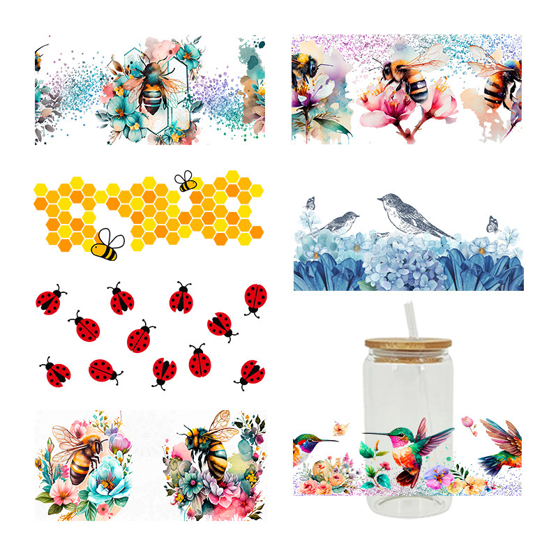 

UV DTF Bees, ladybugs, birds Transfer Happy Juice Printed Sticker For The 16oz Libbey Glasses Wraps Bottles D1829