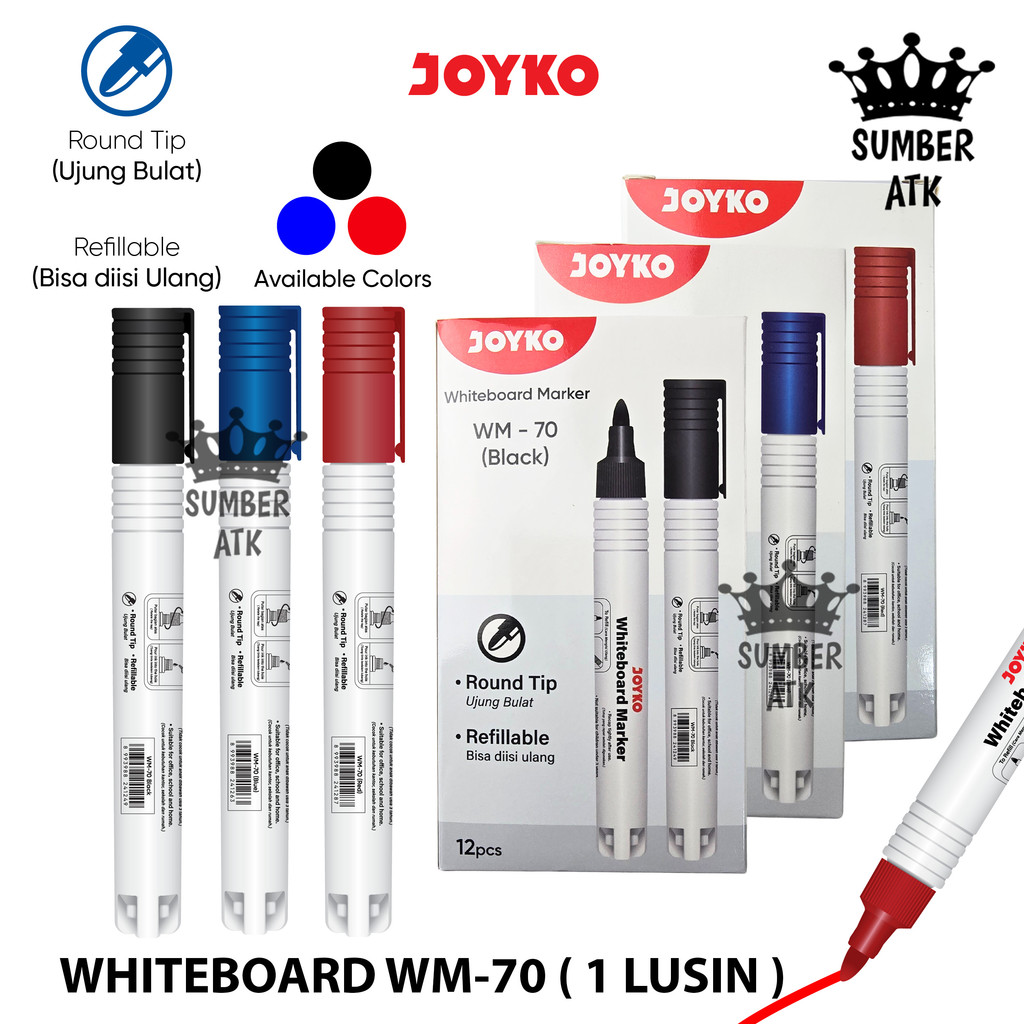 

Whiteboard Marker Spidol Papan Tulis Dapat Dihapus Joyko WM-70 1 LUSIN ( 12 PCS ) Black Blue Red