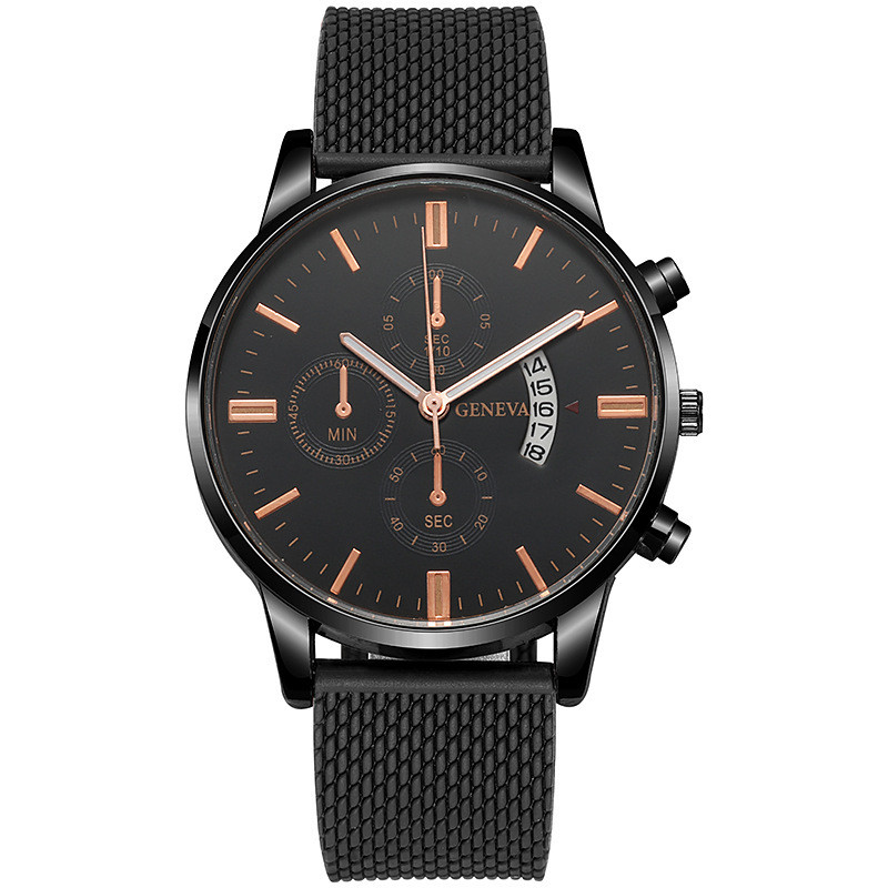 Jam Tangan Pria GENEVA – Model Tiga Mata Palsu, Enam Jarum,  Desain Klasik, Tali Silikon, Fitur Kale