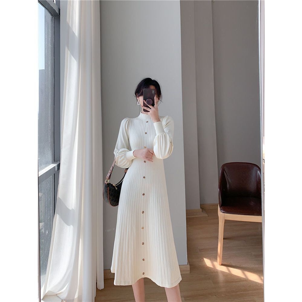 Dress rajut Dress Midi Wanita Elegan Polos  Model Kancing Depan Lengan Panjang - Korean style dress 