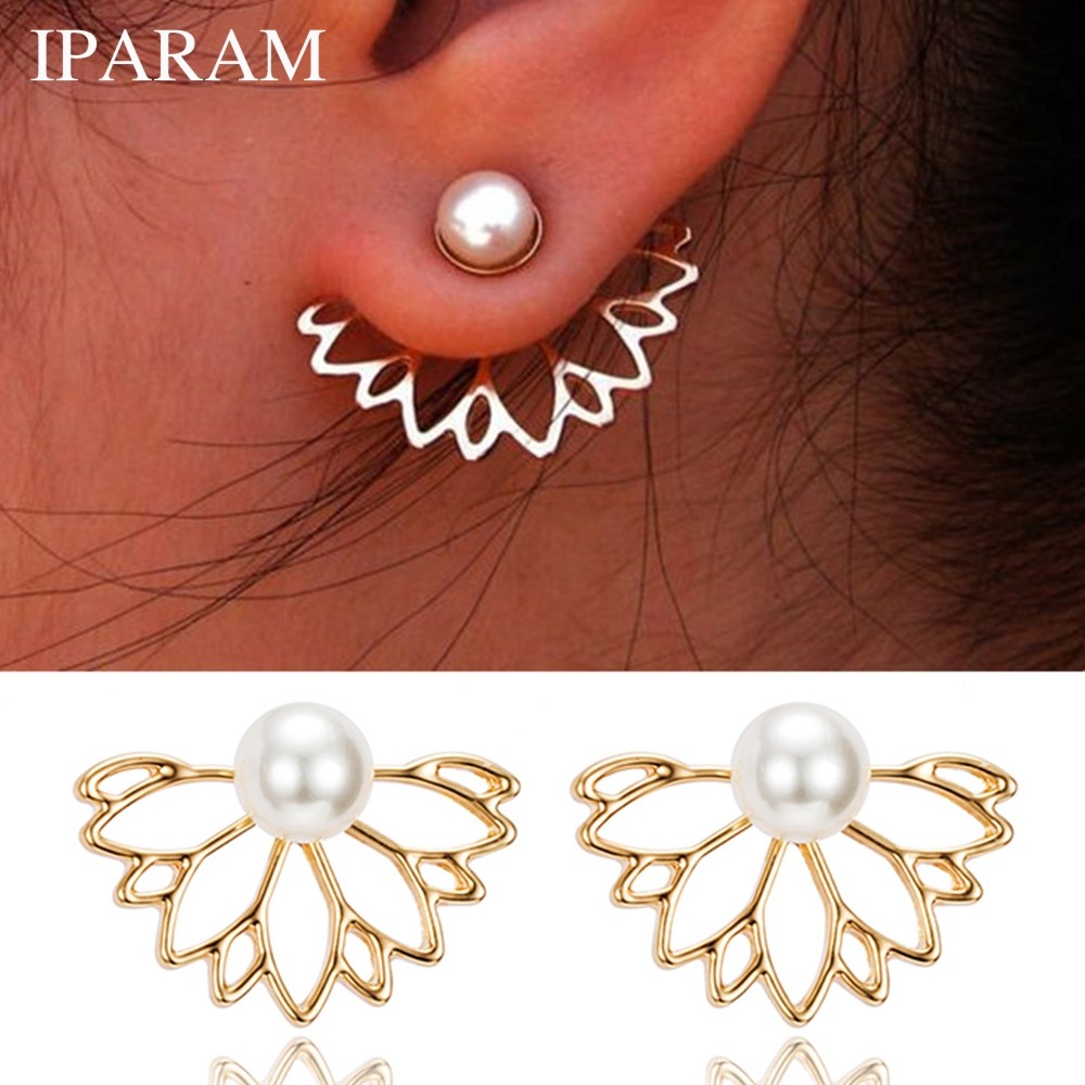 IPARAM Lotus pearl Jacket Flower Stud Earrings For Women fashion Jewelry Double Sided Gold Silver Pl