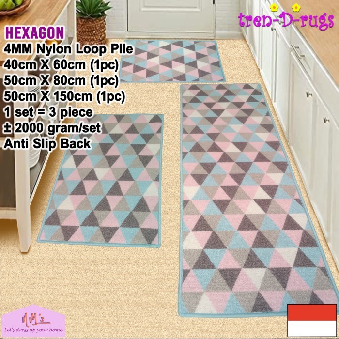 Tren-D-rugs karpet keset kaki 3pcs 50x150 cm 50x80 cm dan 40x60 cm anti slip motif sweden scandinavi