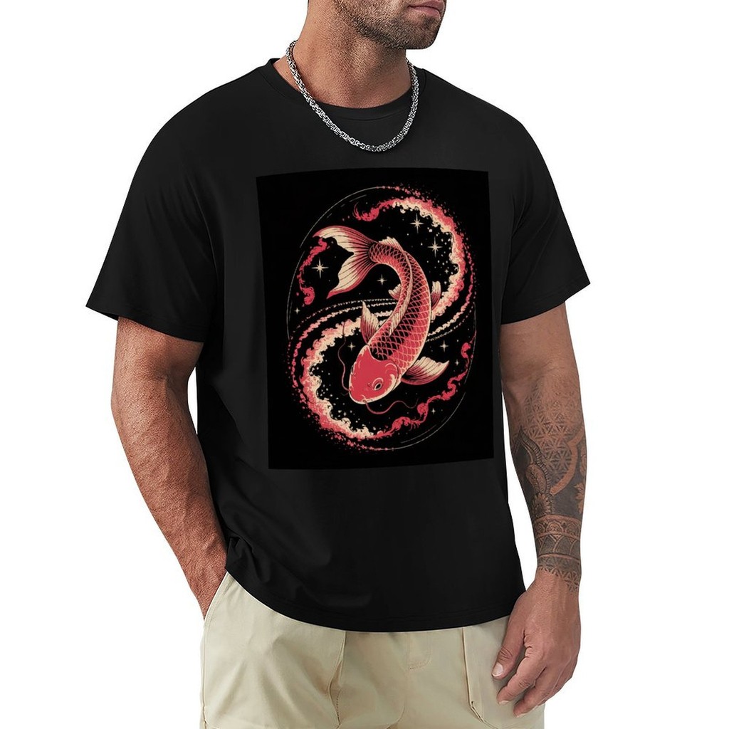 Koi Fish Swimming to Galaxy Style Tee with Red Gold Accents