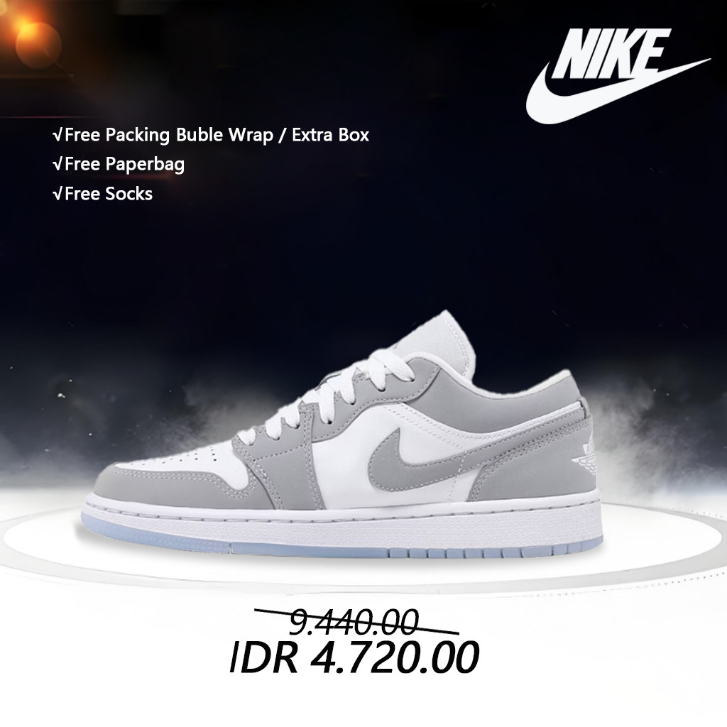 Nike Air Jordan 1 dengan kombinasi warna putih dan abu-abu, model pasangan. Jordan 1 gray white.Pemb
