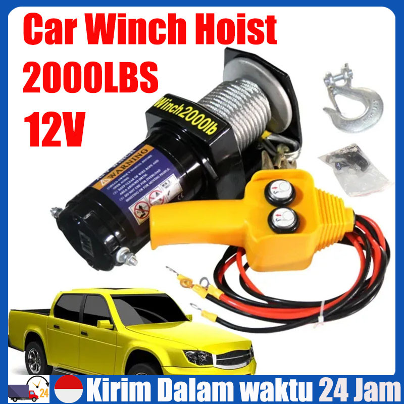 【Stok Tersedia】Car Winch Hoist 12Volt 24Volt Car Winch 2000LBS 1.6Ton 12V 24V Tali Sling Baja 6 Mete