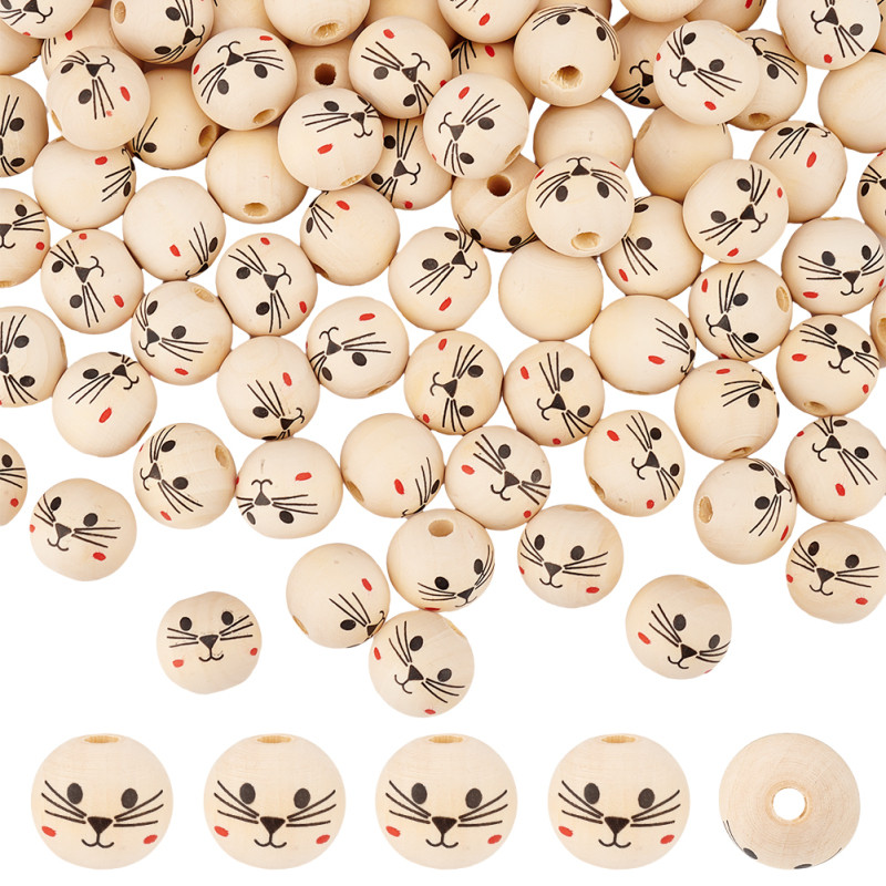 

100Pcs Cat Face Wooden Beads 19mm Round Painted Wooden Beads with 4.7mm Large Hole Round Wood Beads Cat Head Beads Spacer Beads