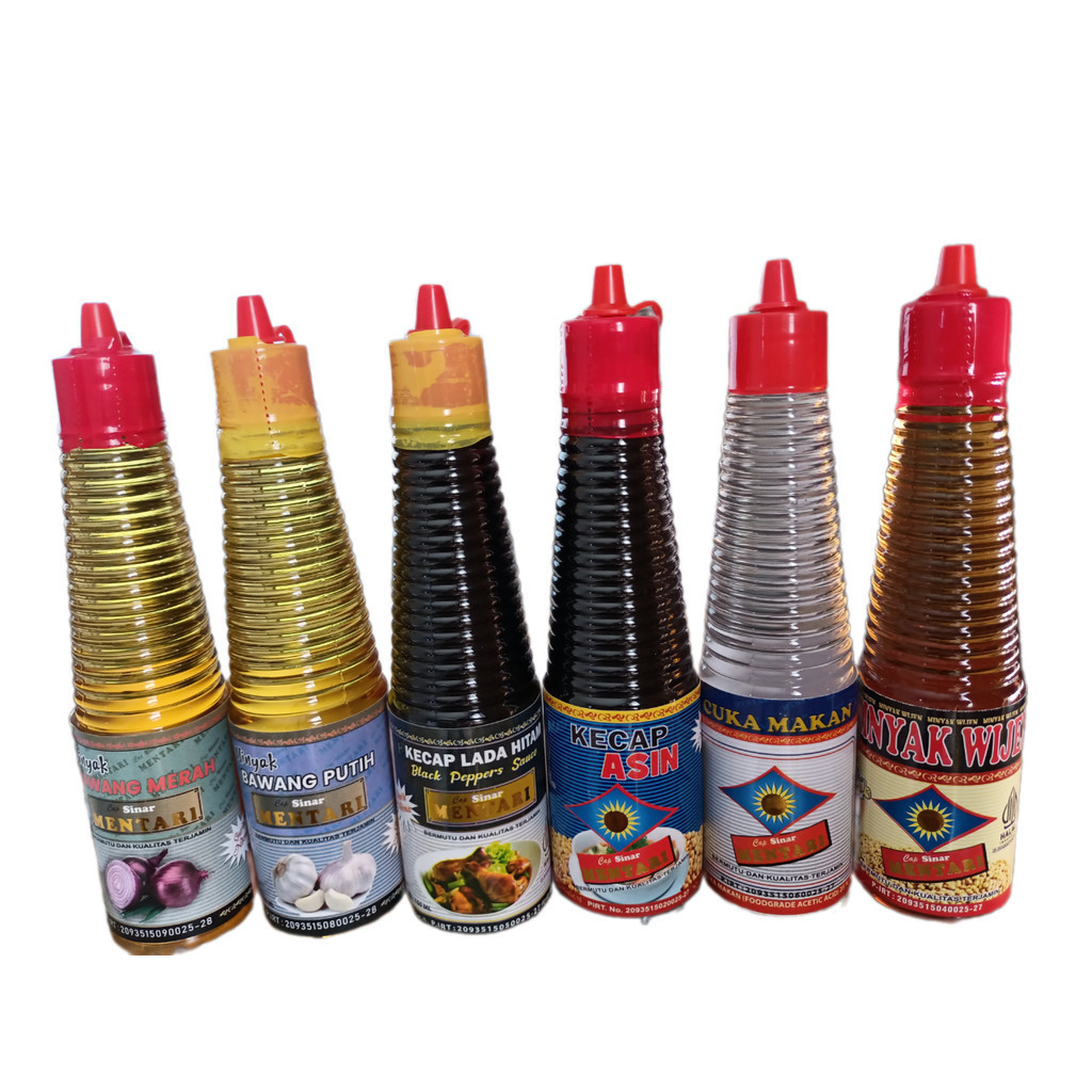 

Cap Sinar Mentari Paket 6 Botol -Minyak Bawang Merah, Minyak Bawang Putih, Kecap Lada Hitam, Kecap Asin, Cuka, Minyak Wijen 150ml
