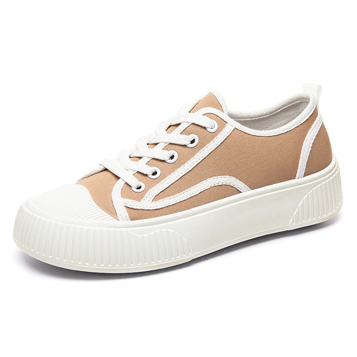 sepatu sneakers wanita kanvas tali sol tinggi 4 cm - Khaki, 36