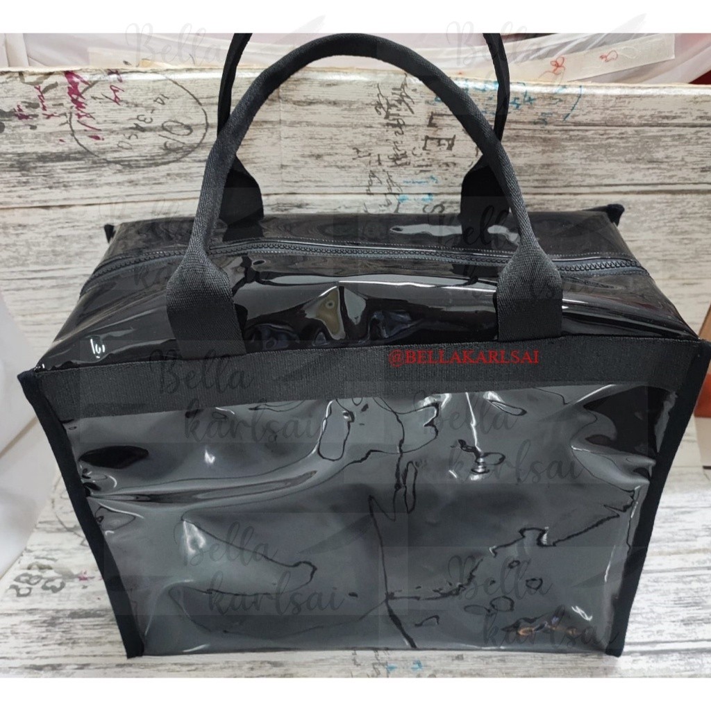 Tas tote Mika transparant Hitam glossy fashion mewah resleting full tali webing tebal