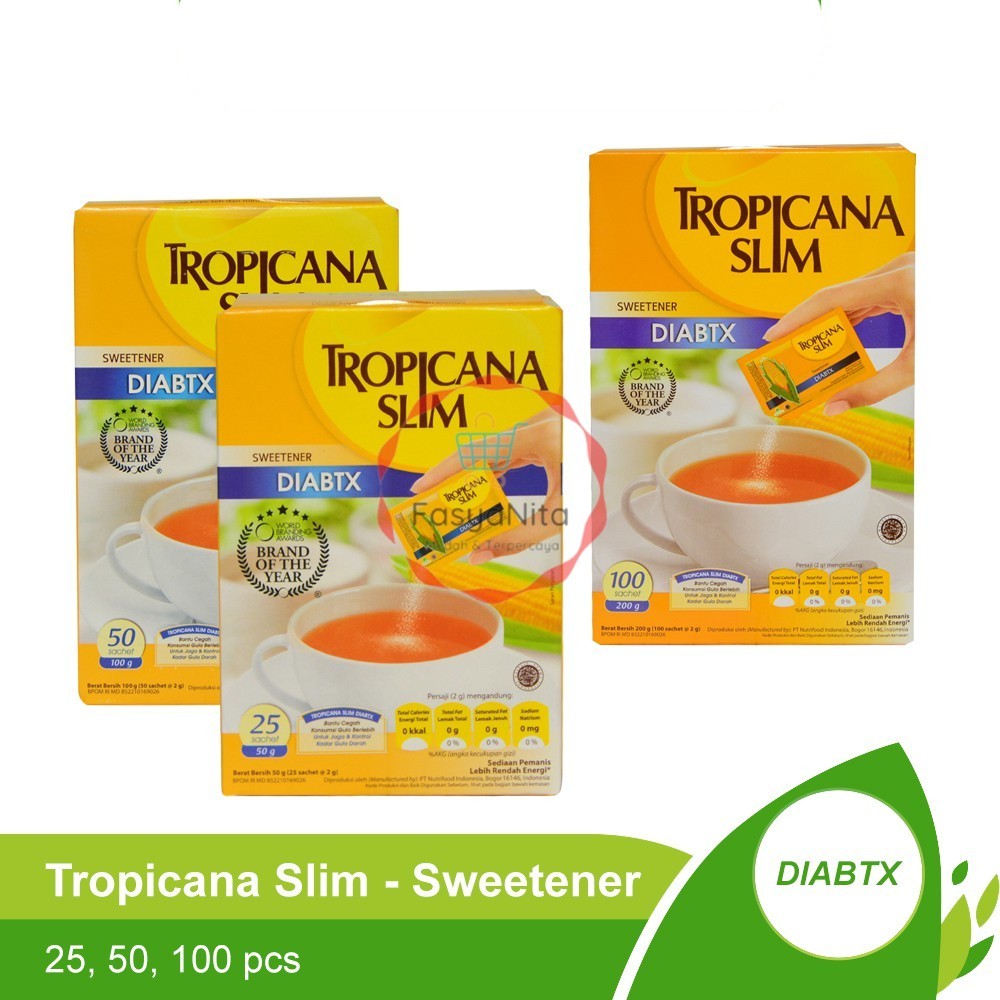 

Tropicana Slim Sweetener Diabtx Kemasan Box isi 25pcs, 50pcs, 100pcs @ sachet 2.5 gr - Fasyanita Denpasar