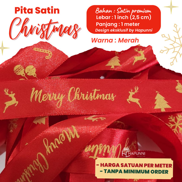

Pita Hampers Natal Satin Merah Merry Christmas 1 inch (2.5 cm) Hapunni - Merah