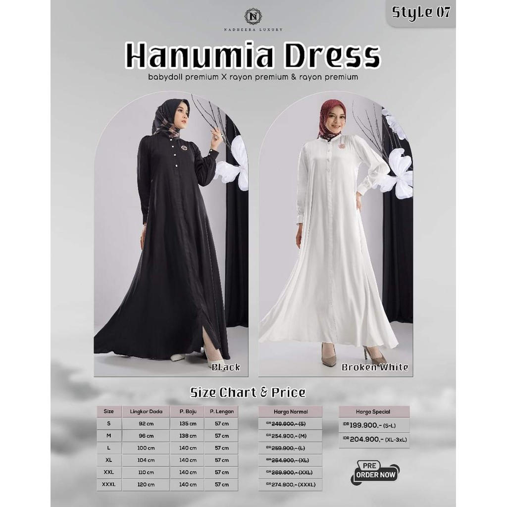 HANUMIA DRESS NADHEERA GAMIS PUTIH HITAM POLOS TERBARU