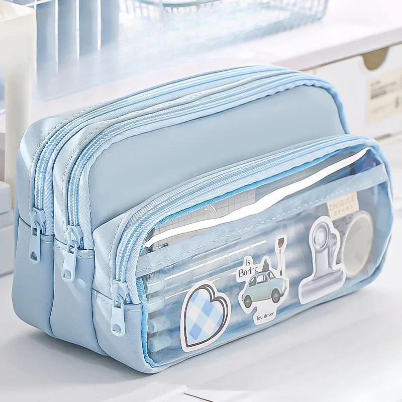 

3 Layers Large Capacity Pencil Bag Stationery Aesthetic Transparent Grid Pen Case Girl Zipper Pencil Pouch School Supplies