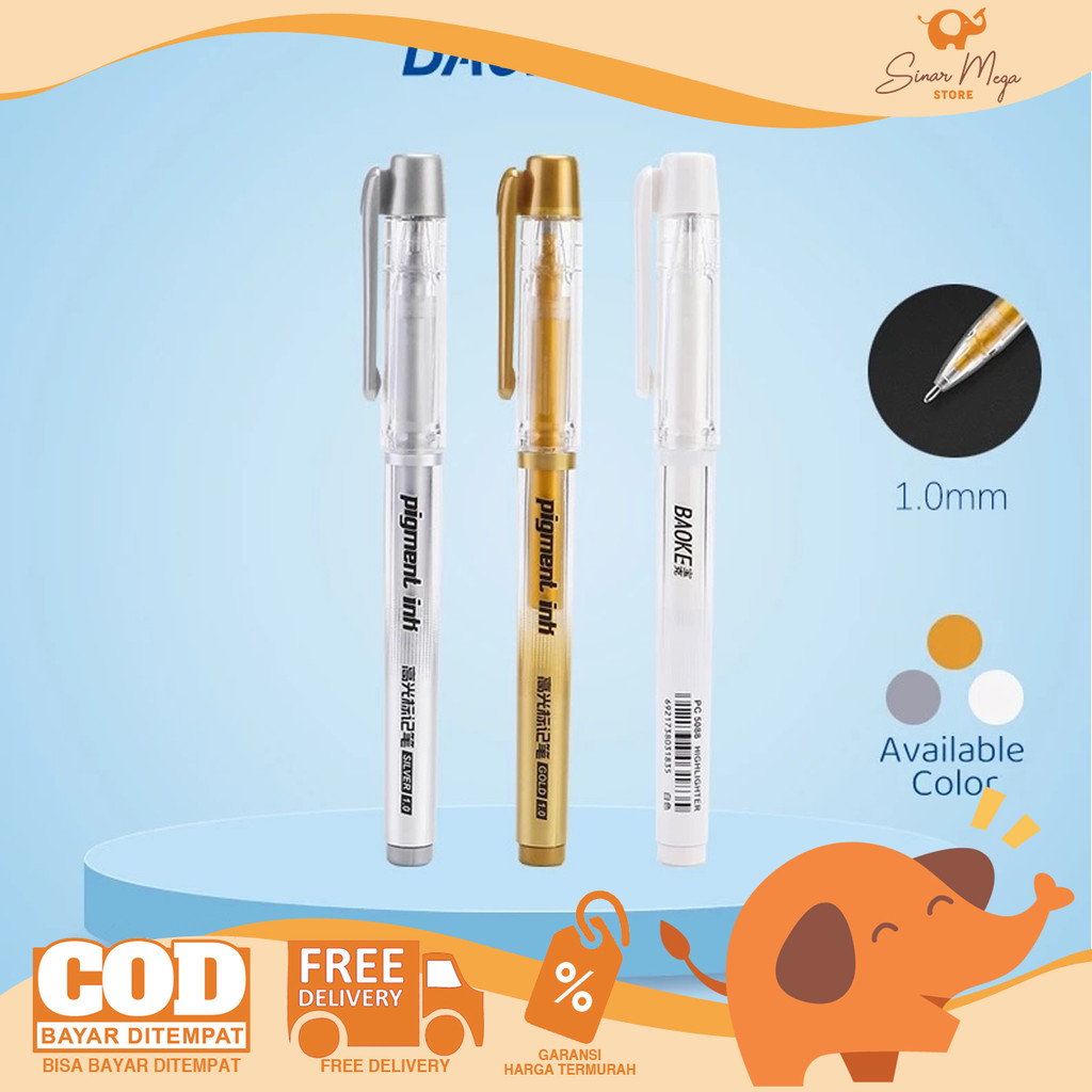 

BaoKe Pigment Ink Highlight Pen Color 1.0mm PC5088 SATUAN - Pulpen Putih/Silver/Gold Murah