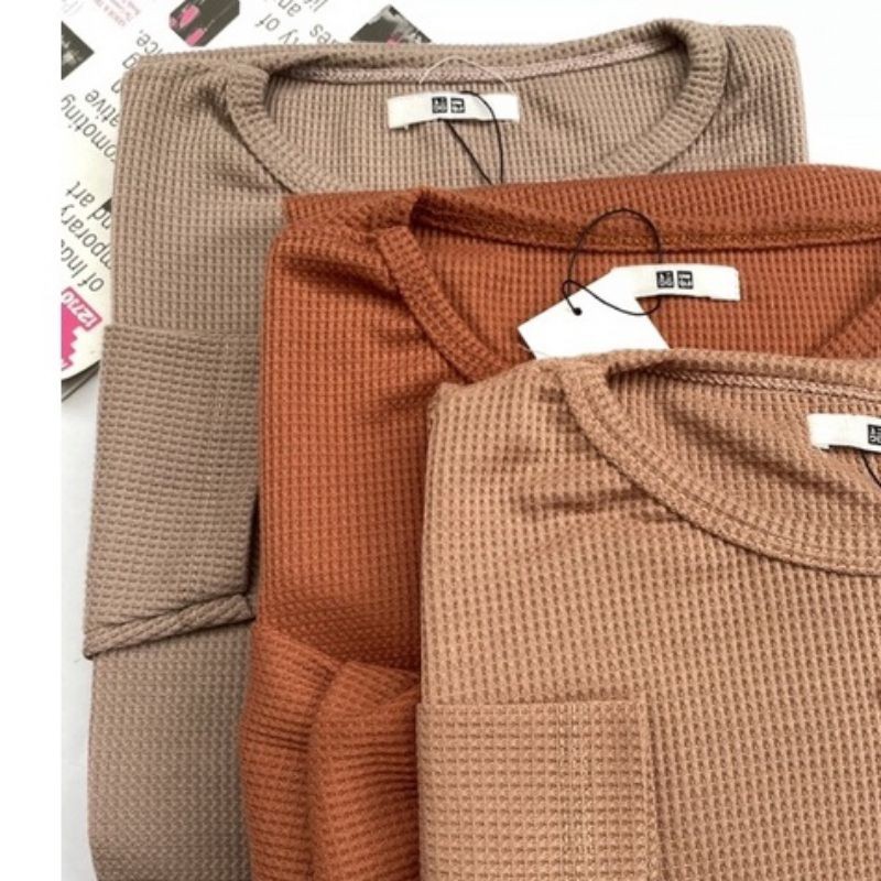 Kaos Waffle WAFER Lengan Panjang Wanita / Basic Crewneck Polos Sweatshirt Waffel UNIQLO