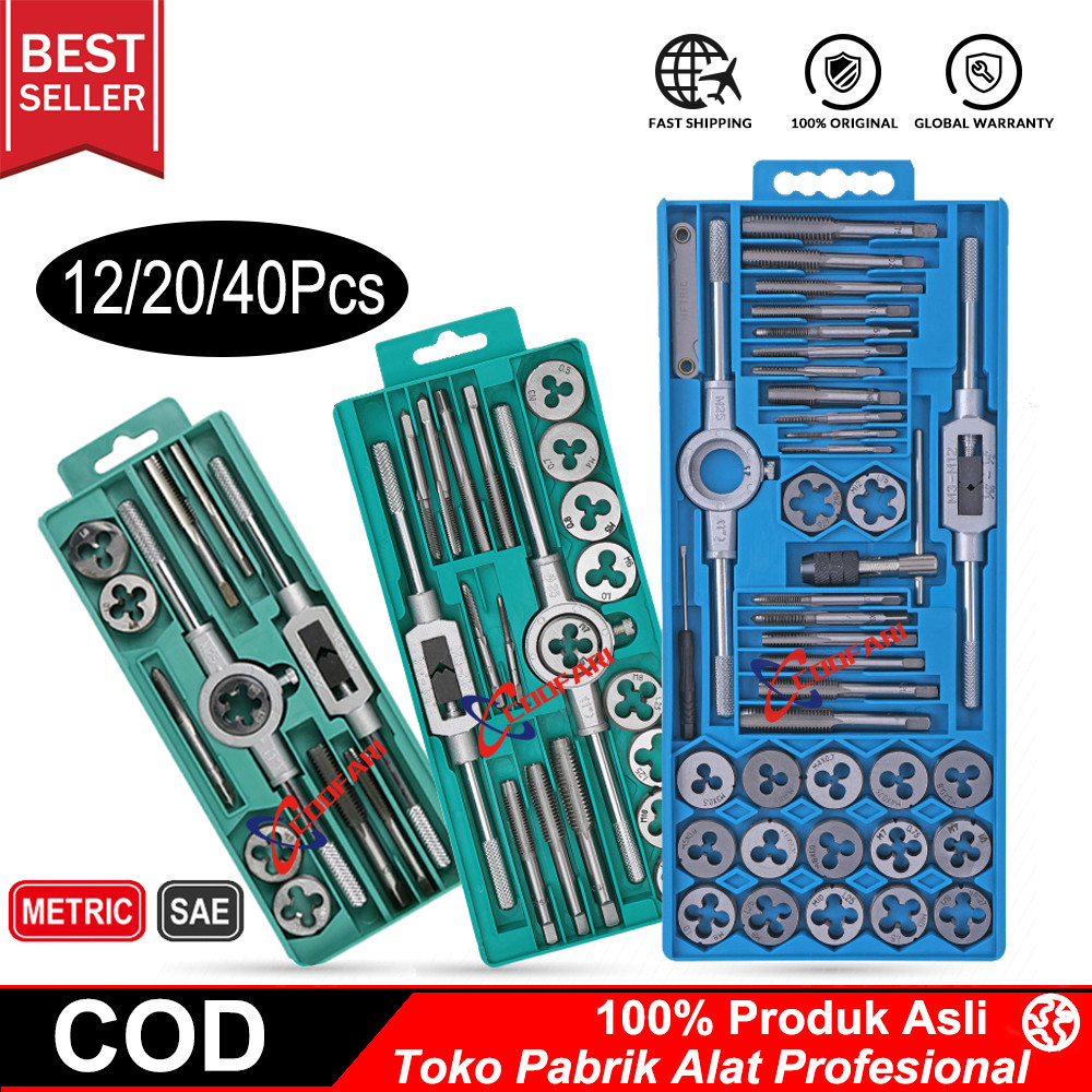 Promo 12 Pcs 20 Pcs 40 Pcs Hand Tap and Die Set Alat Snai dan Tap Ulir Baut Senai Die Senei Hand