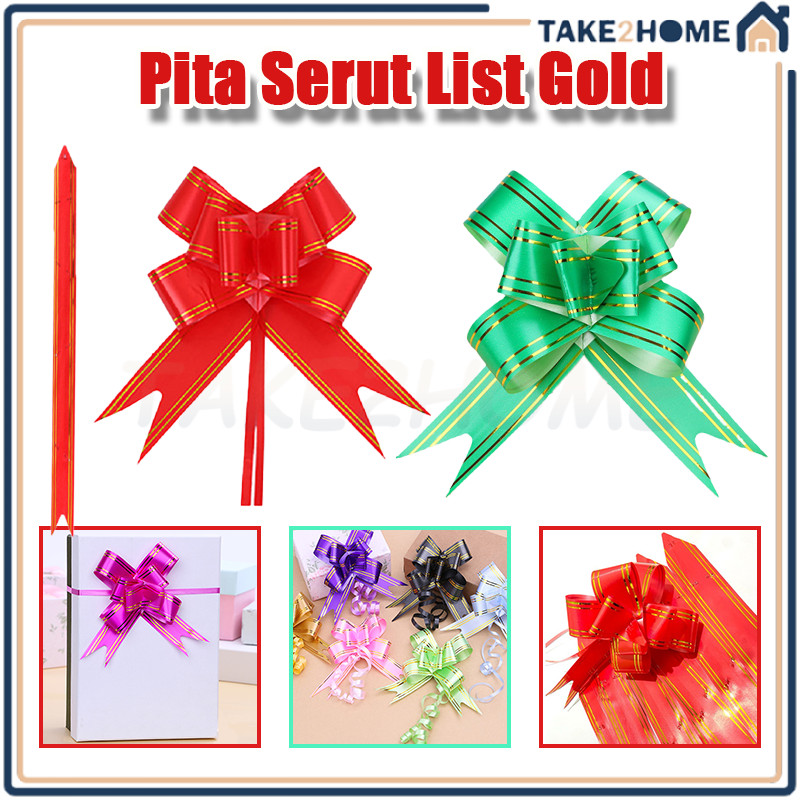 

Pita Tarik LIS EMAS Hiasan Parcel/Pita Serut 30mm Lis Gold isi 10pcs/Pita Serut List Gold