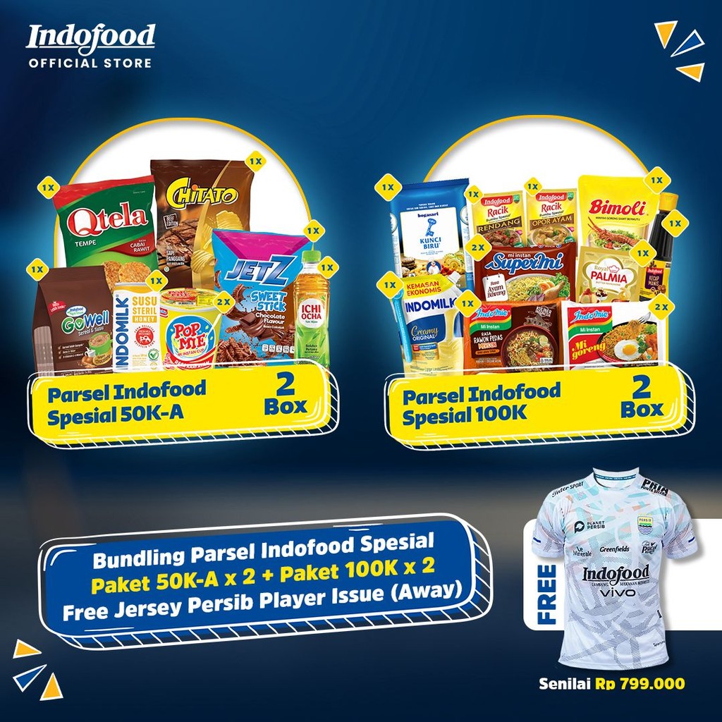 

Bundling Parsel Indofood Spesial Paket 50K-A (2 pcs) + Paket 100K (2 pcs) Free Jersey Persib Player Issue (Away Size L)