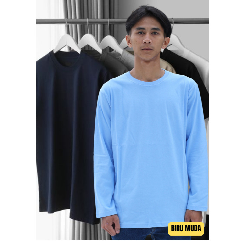 Kaos Polos Dewasa Warna Biru Muda Lengan Panjang /Kaos Polos Lengan Panjang Unisex Murah Bahan Cotto