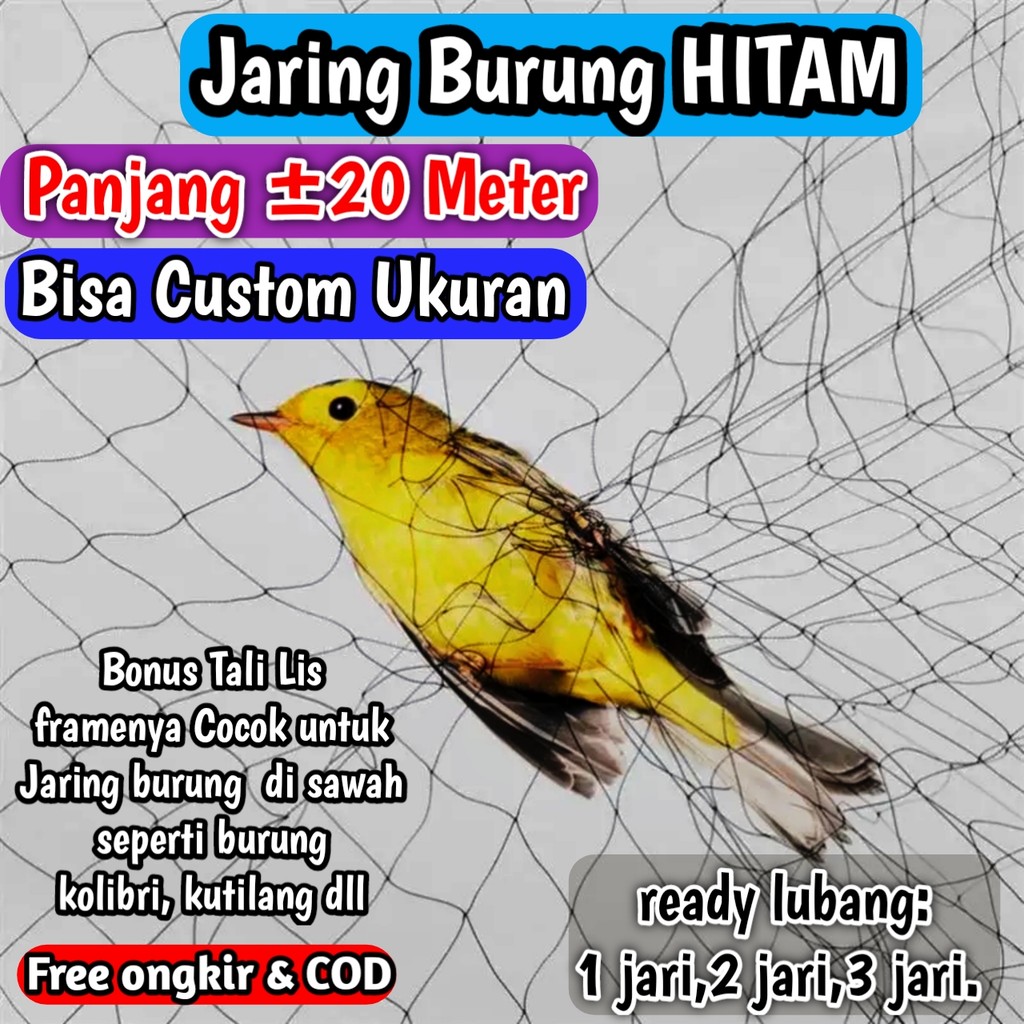jaring burung Sawah Lubang Kecil Panjang 25 meter warna hitam