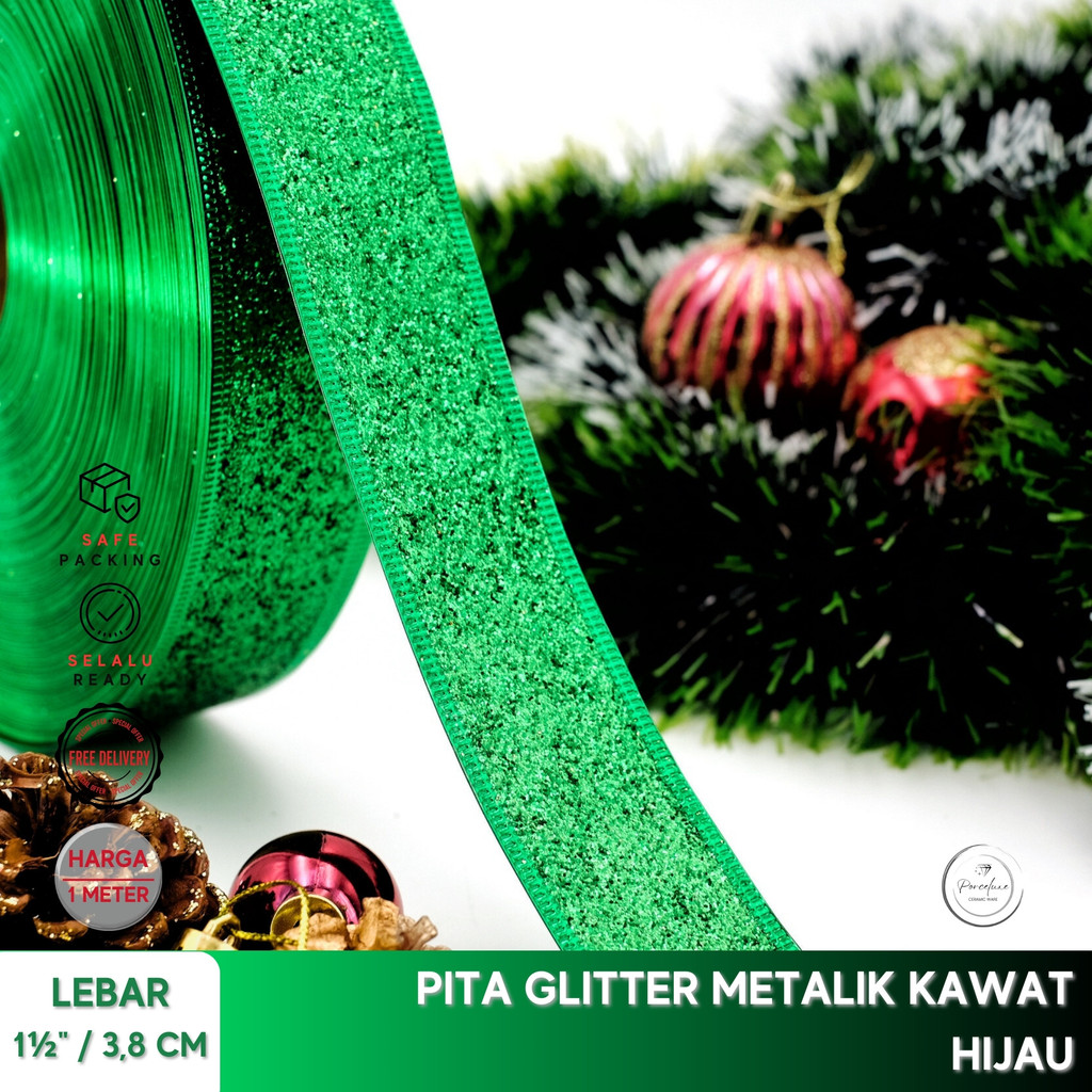 

Hiasan Dekorasi Ornamen Hampers Pita Ribbon Natal Christmas Imlek Glitter Hijau 4 cm