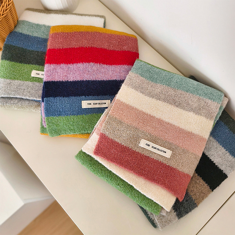 Rainbow Stripes Mohair Scarf Colour Blocking Stripes Wool Short Scarf Warm Short Scarf