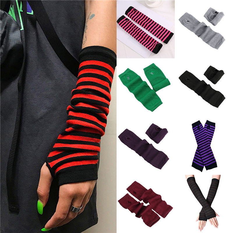 Warm Long Sleeves Gloves for Man Women Fingerless Stripe Hip-Hop Knitted Elbow Mittens Elastic Outdo