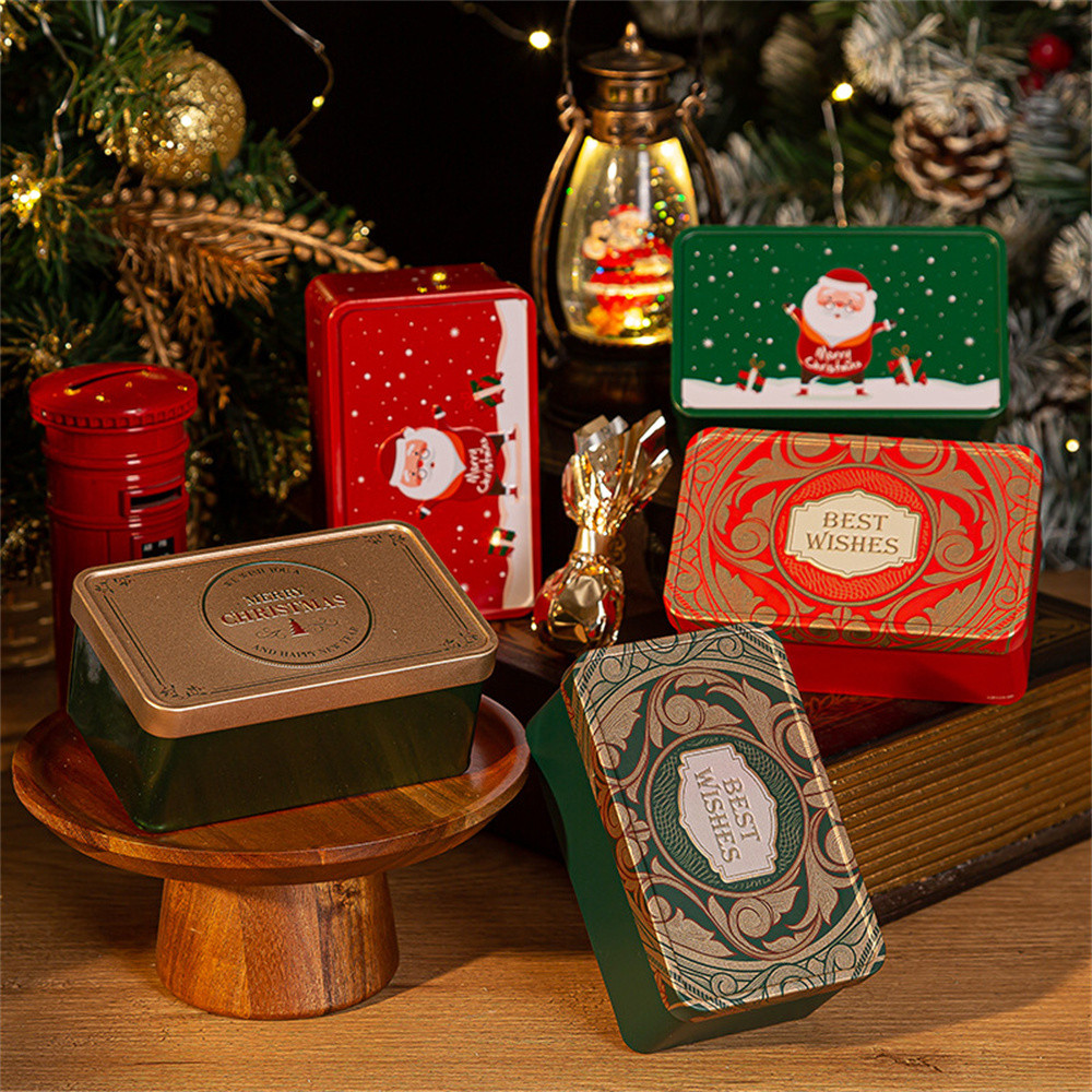 

Rectangle Christmas Tinplate Box Empty Cookie Candy Box Santa Claus Gift Boxes Jewelry Storage Can Holiday Wedding Party Decor