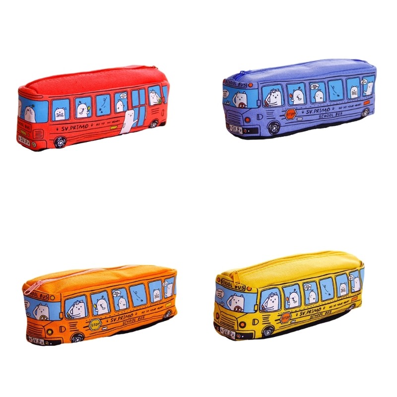 

Cartoon Bus Shaped Pen Case Canvas Pen Bag Zippered Pen Pouches Big Capacity Pen Case Stationeries Organiser for Student