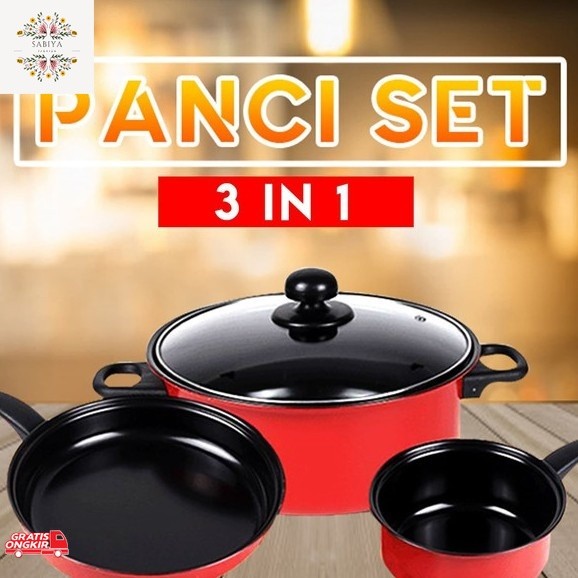 Alat Masak / CANA PANCI TEFLON SET 3IN1 TEFLON ANTI LENGKET WAJAN ALUMINIUM SET TEFLON TUTUP KACA AN