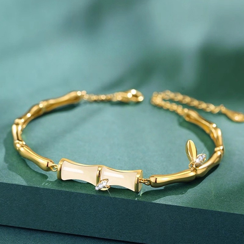 Gelang Giok Emas Asli Batu Alam Wanita Bracelet Segmen Bambu Giok Hetian China Lapis Emas 18K Anti K