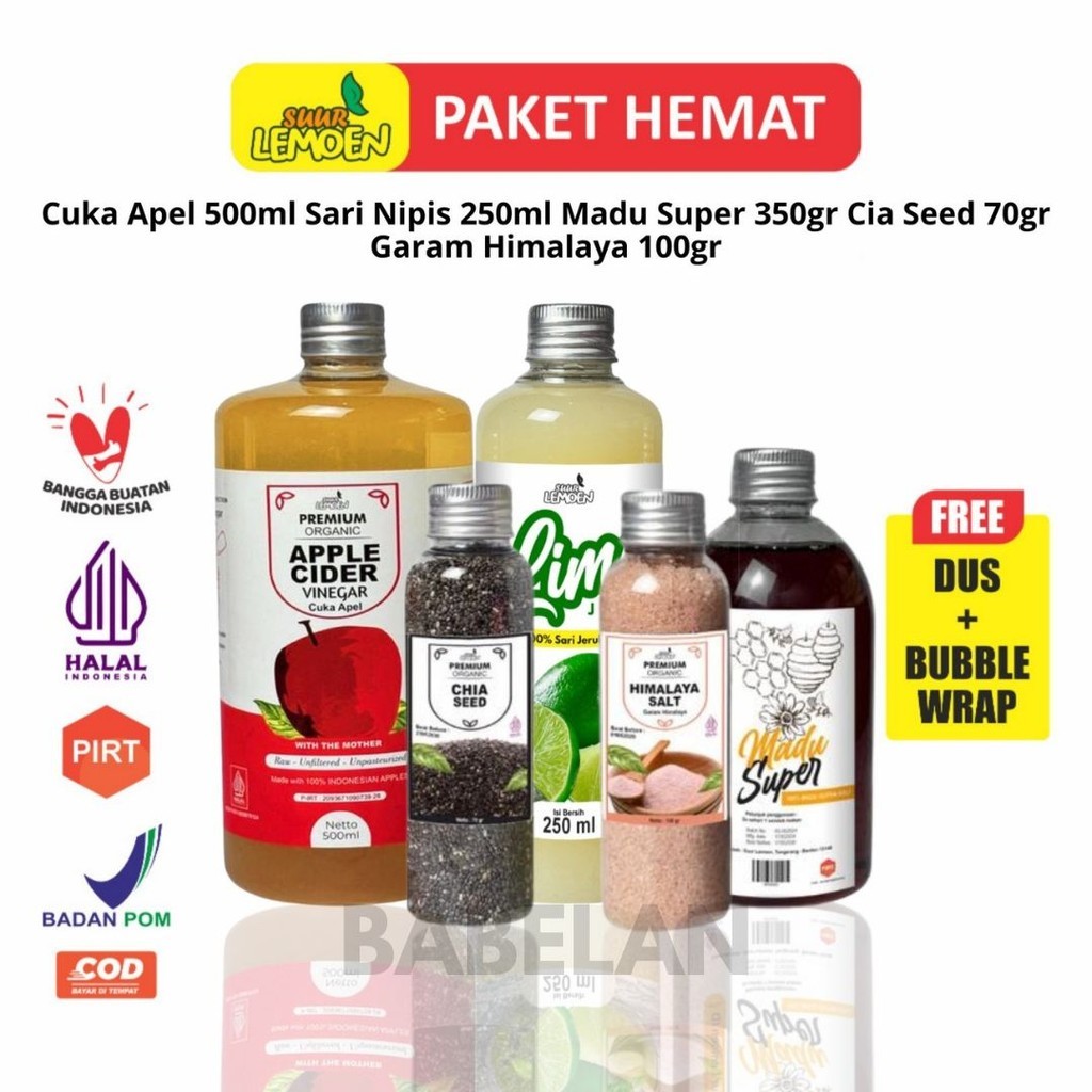 

Suur Lemoen Bundle Diet dan Detox 5in1 BIG - Paket Hemat Cuka Apel, Sari Nipis, Chia Seed, Madu Hutan, Garam Himalaya - (ERN)