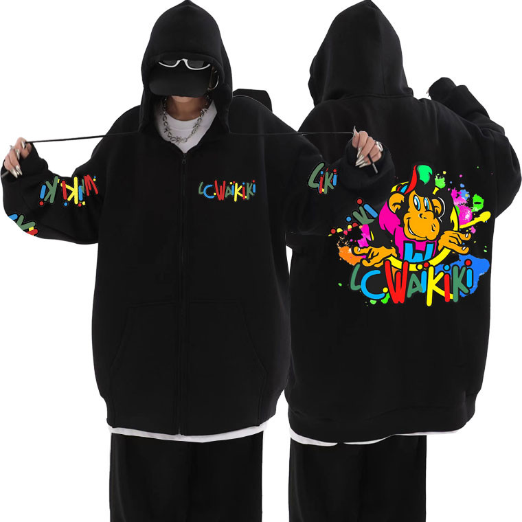 Lc Waikiki Monkey Graphic Zip Up Hoodie Male Funny Cartoon Monkeys Print Zipper Jacket Men Women Fas