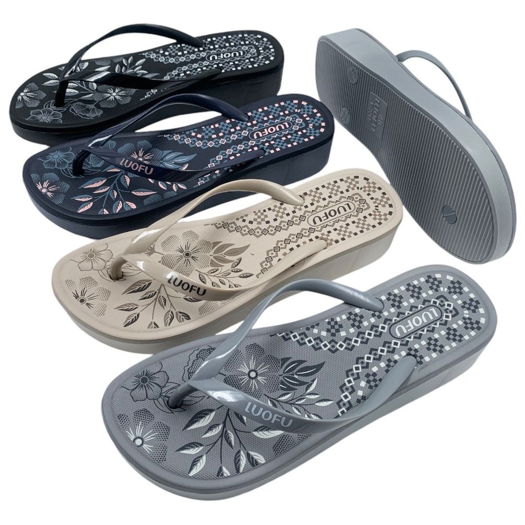 LUOFU Sandal Jepit Karet Tatak Bunga Ringan Wanita Import F2268-BRE04 (L2)