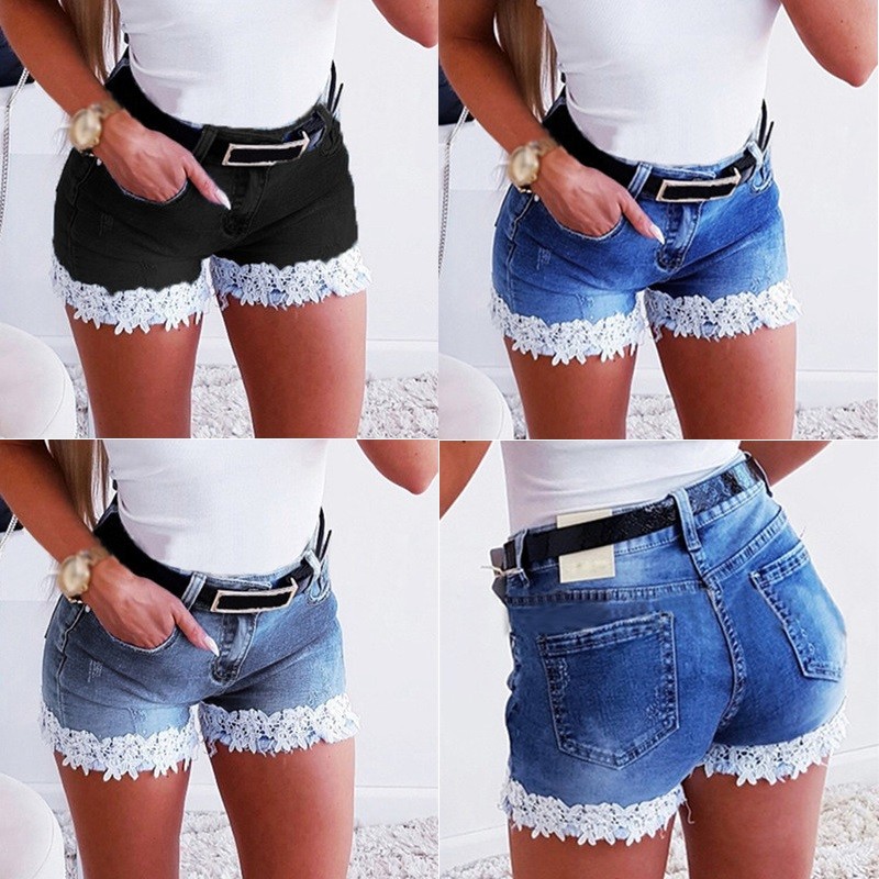 Women Slim Denim Shorts Stretch Lace Stitching Jeans Shorts Laes Casual Regular Short