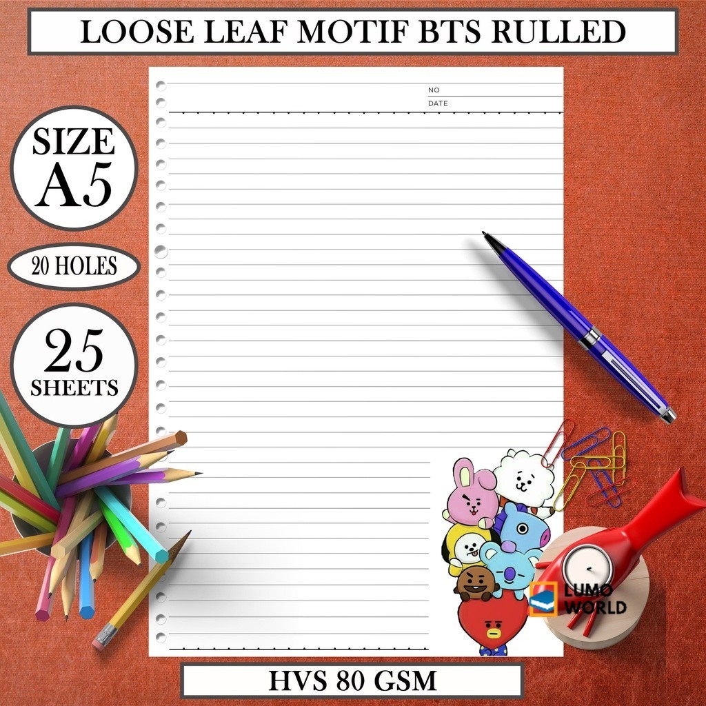 

Kertas Isi Loose Leaf A5 BTS - Refill Binder Paper HVS 80 gsm/gr Rulled Garis BT21 KPOP ARMY Terlaris Termurah