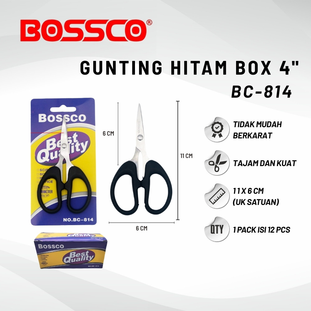 

mg 1 Box isi 12 Gunting Scissors BOSSCO (4 inch~6 Inch-8 Inch) BC-814~816~818